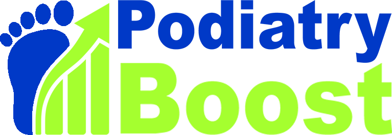 Podiatry Boost logo featuring a blue foot and upward green arrow symbolizing growth and success for podiatry clinics.