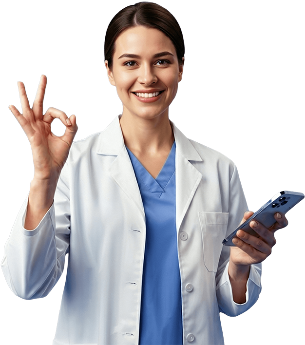 A smiling female podiatrist holding a phone and making an OK gesture, representing confidence and success in podiatry digital marketing.